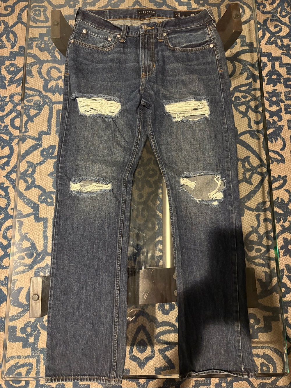 Bullhead Men's Dark Blue Distressed Straight Jeans